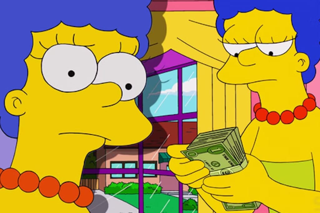 Marge Simpson-kollaasi, jossa Marge näyttää huolestuneelta, mutta myös laskee isoa tukkua seteleitä. 