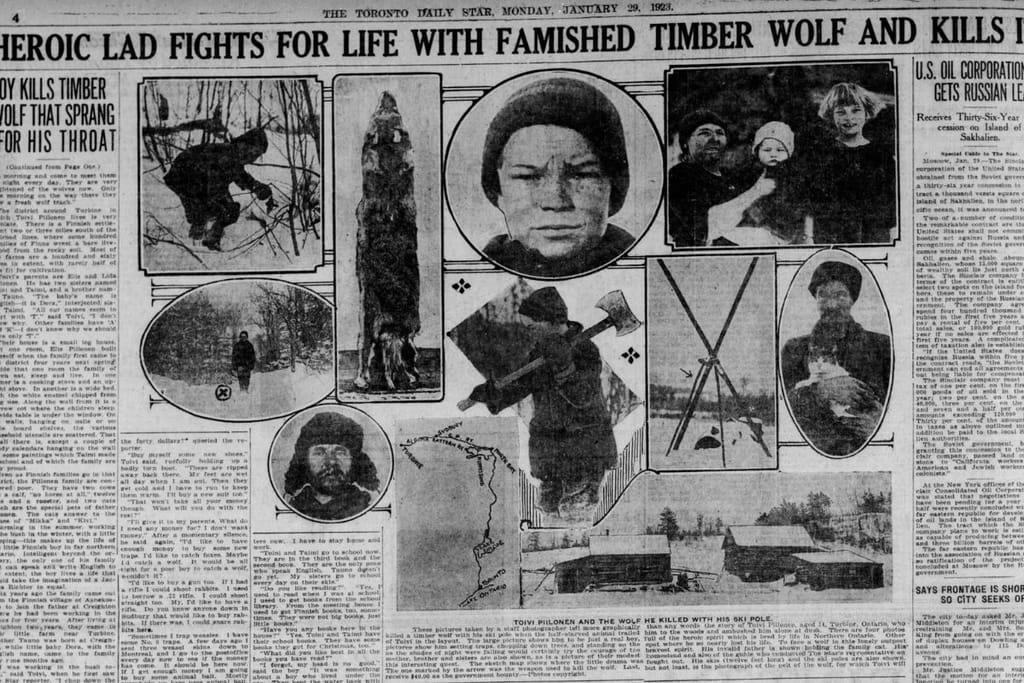 Arkistokuva torontolaisesta sanomalehdestä, joka käsittelee suomalaista siirtolaisperhettä. Sanomalehdessä on vanha latomistekniikalla tehty teksti sekä taitto. 