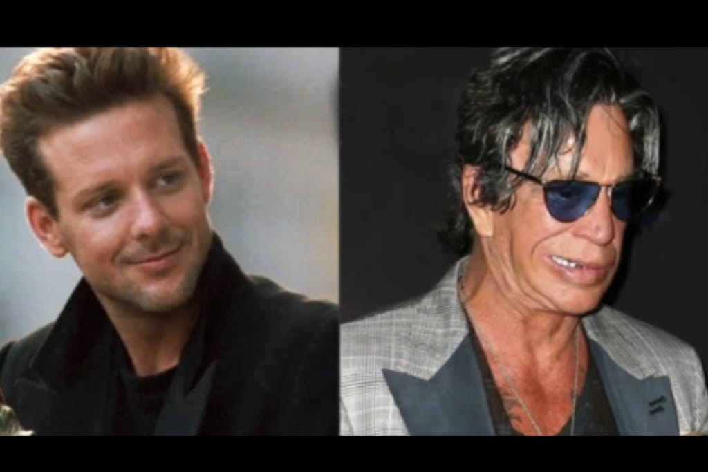 Vertailukuva Mickey Rourkesta uransa alkuvaiheessa ja myöhempinä vuosina: vasemmalla nuorempi Rourke siistissä takissa, oikealla vanhempi Rourke aurinkolaseissa ja harmaassa puvuntakissa.