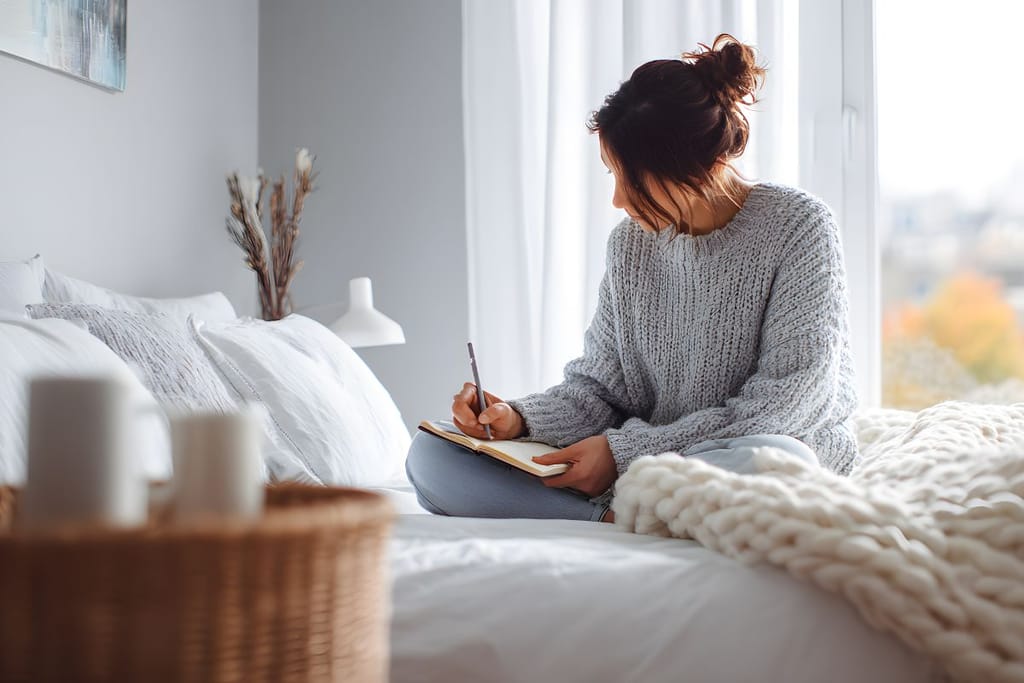 Henkilö istuu sängyllä luonnonvalossa ja kirjoittaa muistivihkoonsa. 