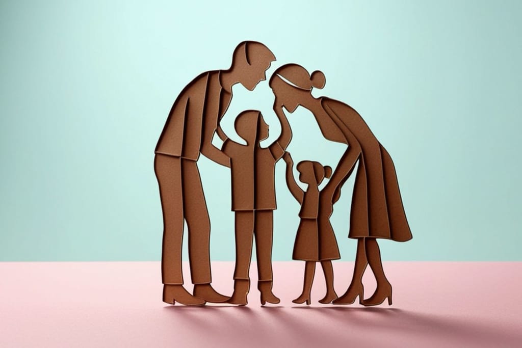 Tyylitelty kuvitus perheestä, jossa vanhemmat seisovat lasten yläpuolella korostetun hallitsevassa asennossa