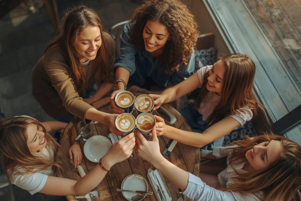 Naisporukka istuu skoolaamassa makukahvien kanssa kahvilaympäristössä. Kuva on otettu lintuperspektiivistä. 