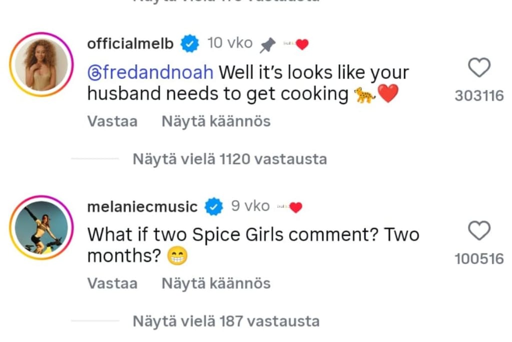 Kuvakaappaus Instagram-postauksesta ja kommenttikentästä, jossa näkyy Mel B:n ja Mel C:n kommentit. 