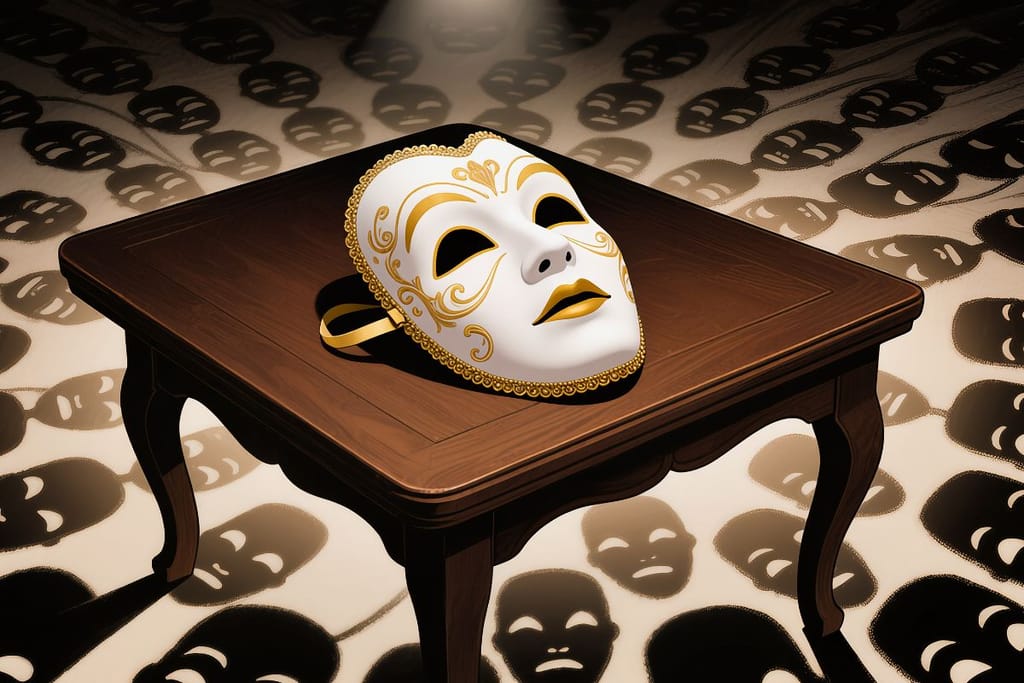 Koristeellinen kasvomaski on puisella pöydällä. Taustalla näkyy muiden maskien varjoja. 