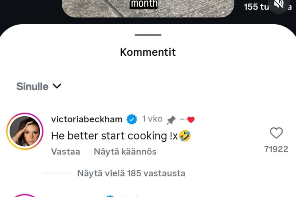 Kuvakaappaus Instagram-postauksesta ja kommenttikentästä, jossa näkyy Victoria Beckhamin vastaus.