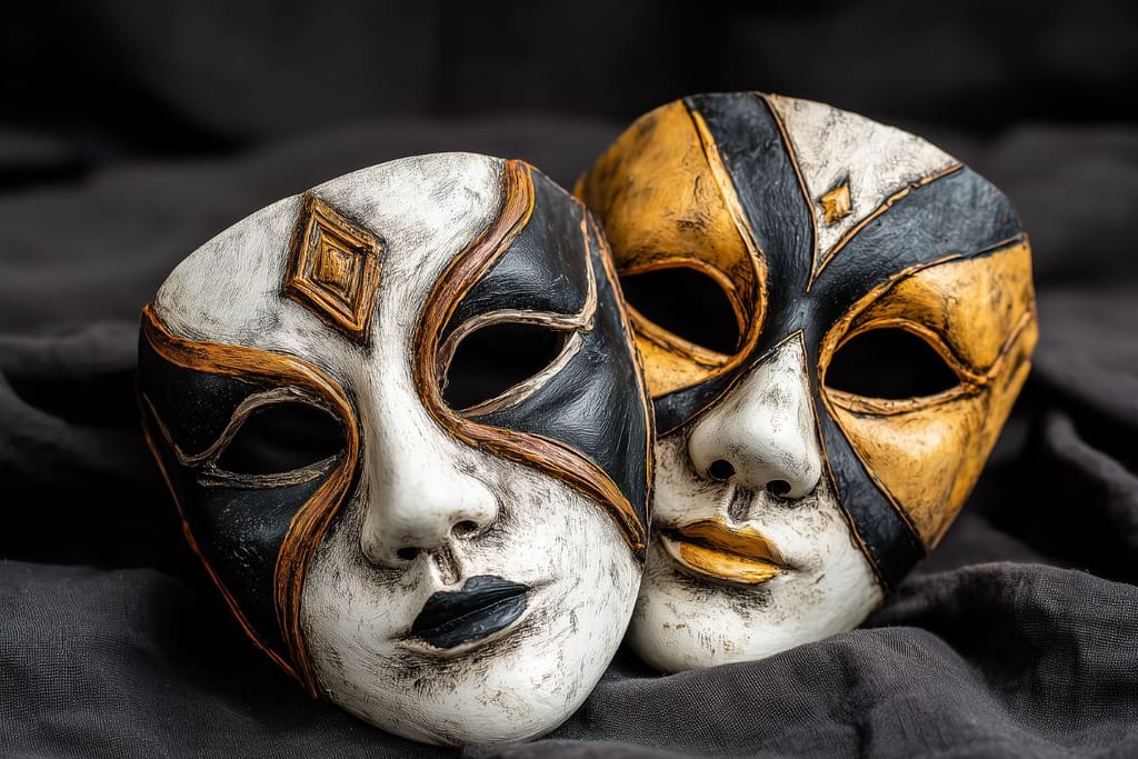 Kaksi koristeellista teatterimaskia vierekkäin tummalla taustalla, maskeissa mustia ja kultaisia yksityiskohtia.
