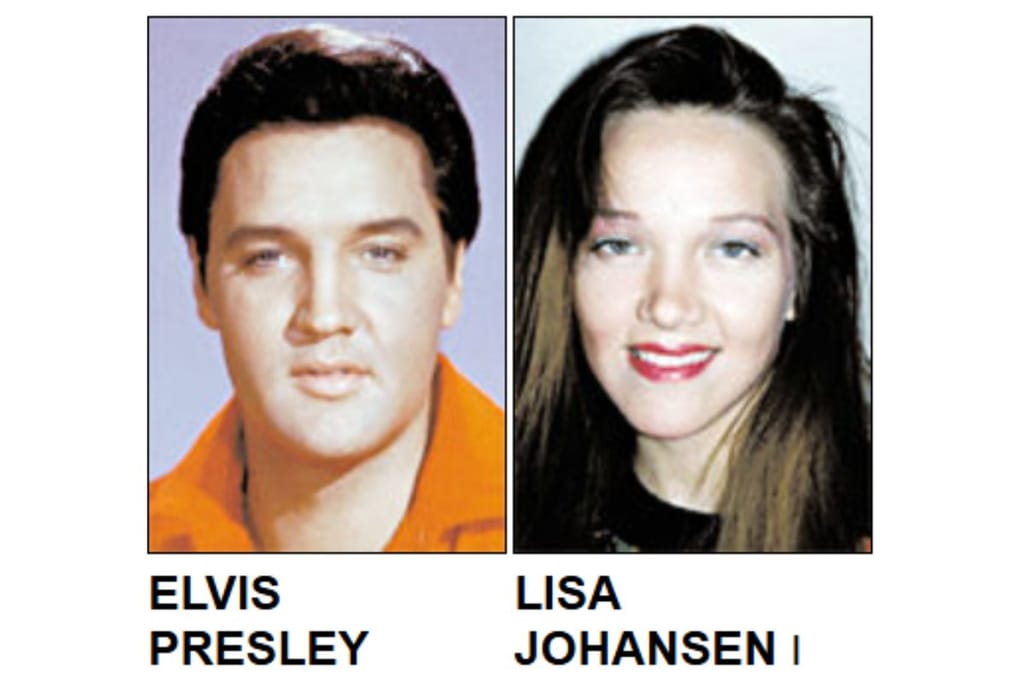 Kuvassa vertailukuva Elviksestä ja hänen tyttärekseen väitetystä Lisa Johansenista yhdennäköisyyden todistamiseksi. Lisa Johansen on oikealla ja hänellä on passikuvahymy. 
