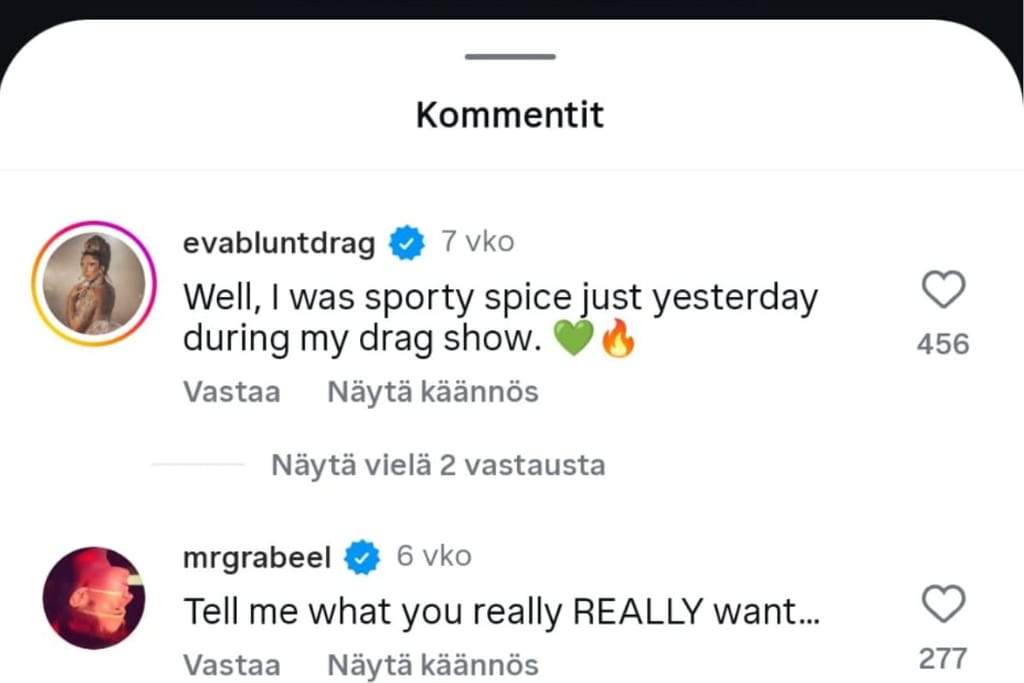 Kuvakaappaus Instagram-postauksesta ja kommenttikentästä, jossa näkyy seuraajien kommentit Spice Girls -somehaasteeseen. 