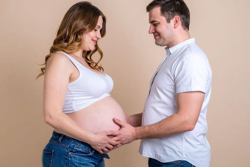 Raskaana oleva nainen ja hänen kumppaninsa koskettavat yhdessä odottavan äidin vatsaa ja katsovat sitä rauhallisesti.