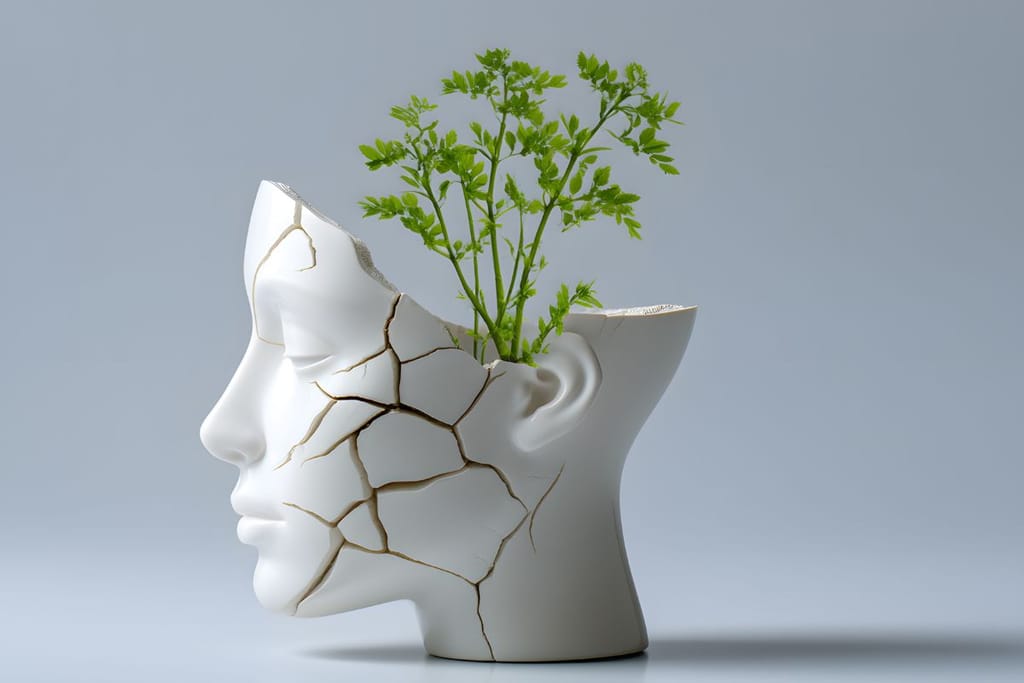 Päänmuotoinen ruukku, josta kasvaa vihreä kasvi. Ruukku on kuvattu vaaleaa taustaa vasten ja siinä on taiteellisia säröjä.