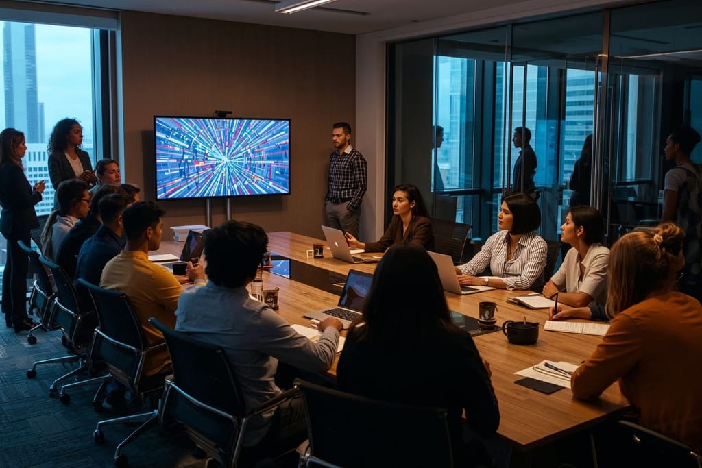 Työyhteisö istuu kokoustilaympäristössä Teams-palaverissa ison pöydän ympärillä, jonka päässä on iso nöyttö. Ihmiset näyttävät keskittyneiltä ja miltein kaikilla on läppärit tai muistiinpanovälineet edessään. 