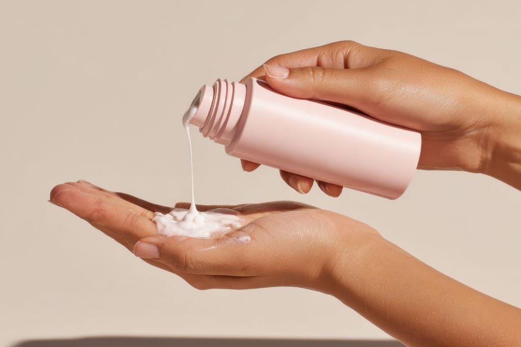 Kuvassa nainen kaataa valkoista juoksevaa kosmetiikkatuotetta kädelle vaaleanpunaisesta pullosta vaaleaa taustaa vasten. 