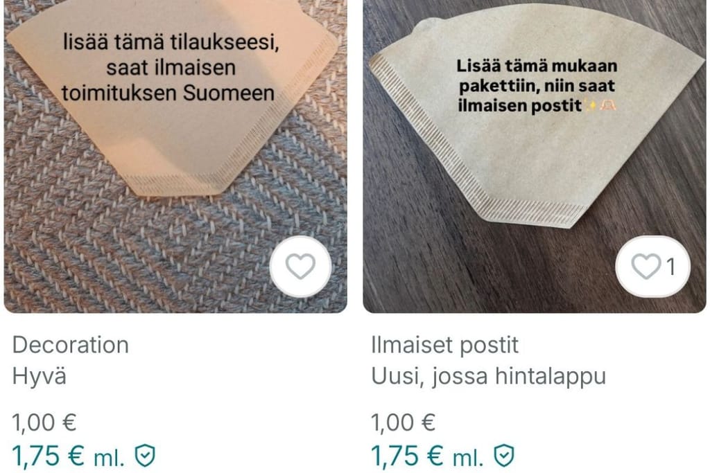 Kuvakaappaus Vintedissä olevista suodatinpussi-ilmoituksista. Suodatinpussit on aseteltu pöydälle ja päälle kirjoitettu teksti, joka lupaa ilmaiset postikulut, jos suodatinpussit "ostaa". Alla on numeroina hintaerittelyt. 