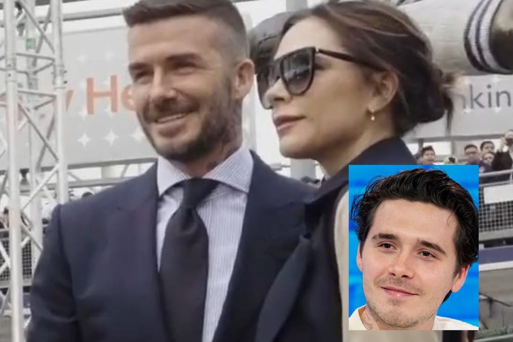 Kollaasikuva Beckhamien perheestä. Kuvassa David ja Victoria sekä esikoispoika Brooklyn.