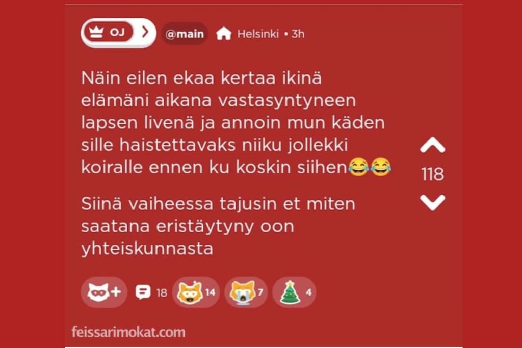 Kuvakaappaus Feissarimokiin lähetetystä mokasta, joka on julkaistu punaisella pohjalla alkujaan Jodel-viestipalvelussa. 