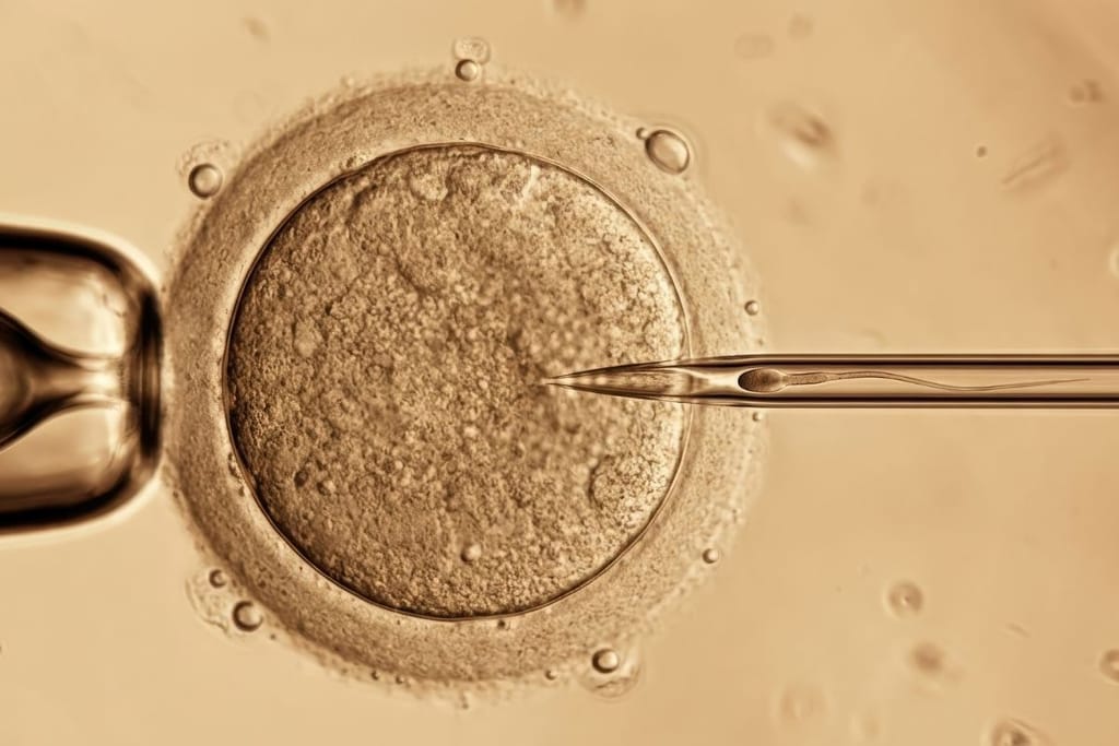 Mikroskooppikuva hedelmöityshoidossa olevasta munasolusta, johon siittiö ruiskutetaan laboratoriossa.