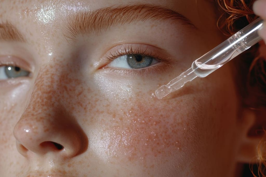 Punatukkainen nainen tiputtelee kirkasta seerumia pisamaisille kasvoille.