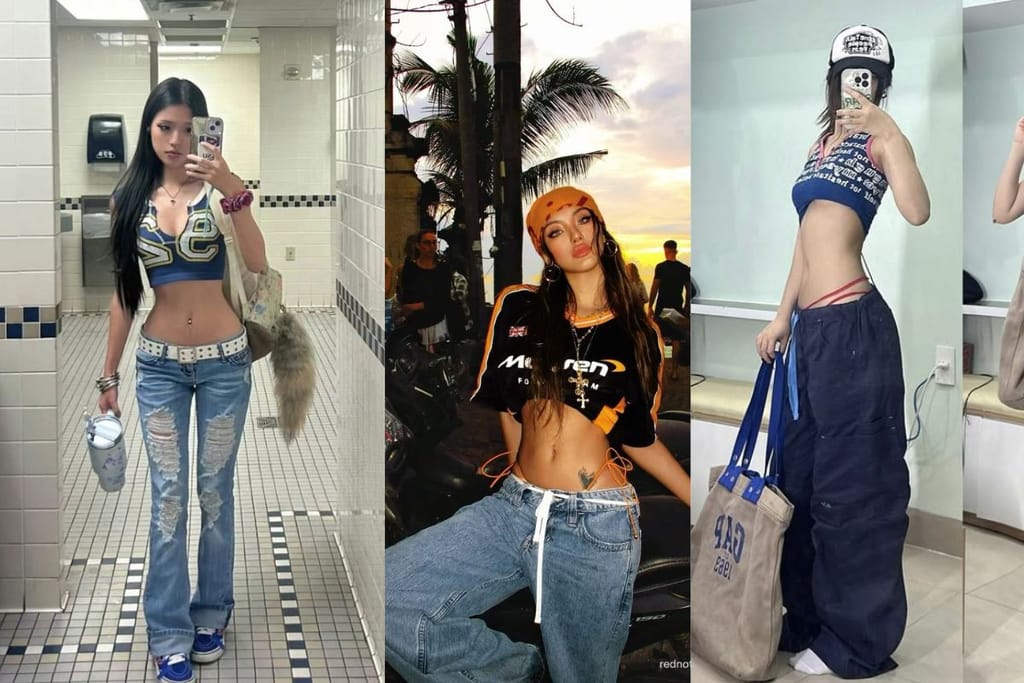 Nykynuoria pukeutuneena nollarimuodin mukaisesti. Jokaisella on lantiofarkut, vatsa näkyvissä, lyhyt toppi, stringit pilkottavat ja yhdellä on leveä vyö.