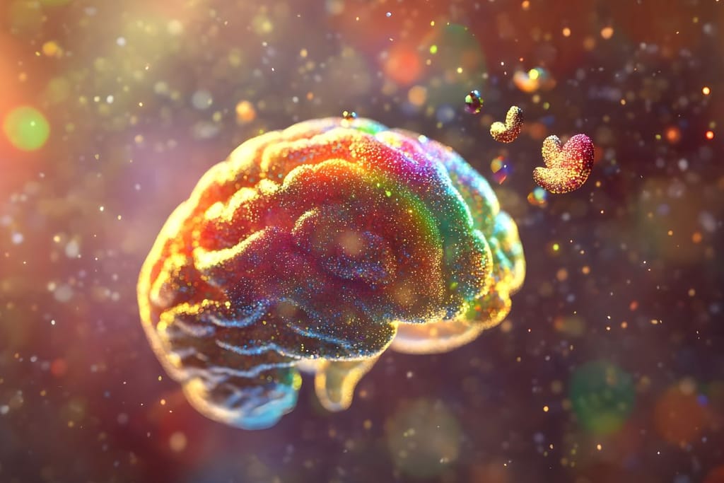 Värikäs, abstrakti kuvitus ihmisaivoista tummalla taustalla, ympärillä valopisteitä ja hohtavia muotoja.