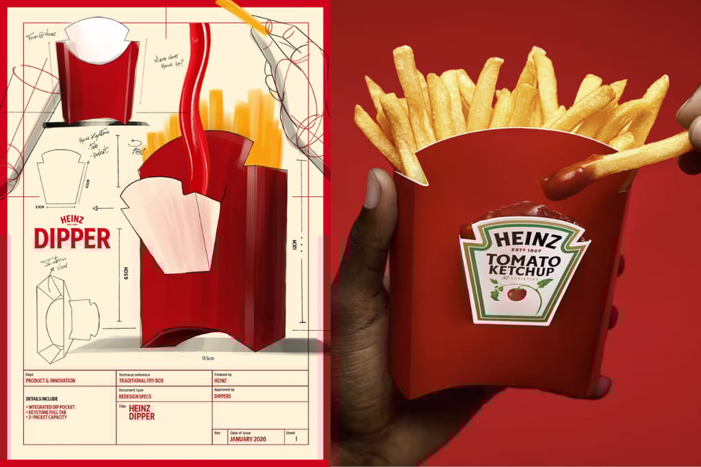 Heimz dibber, jossa samassa paketissa ranskalaisia ja ketsuppia. Toisessa kuvassa kaavakuva samasta asiasta.