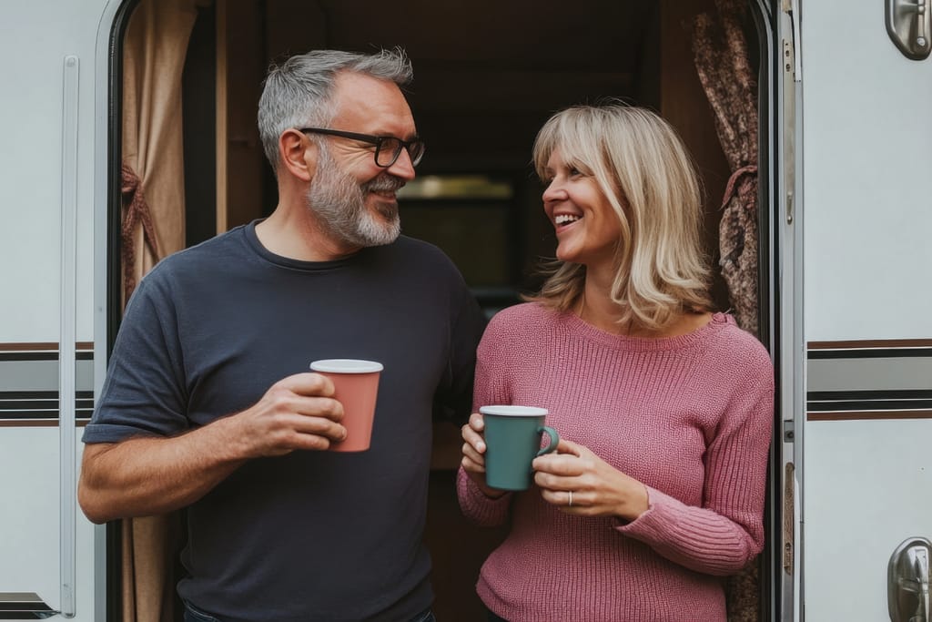 Keski-ikäinen pari seisoo asuntovaunun ovella ja hymyilee toisilleen pitäen kahvikuppeja käsissään. Heidän ilmeensä ja katsekontaktinsa viestivät läheisyydestä, levollisuudesta ja yhteisestä arjen hetkestä.