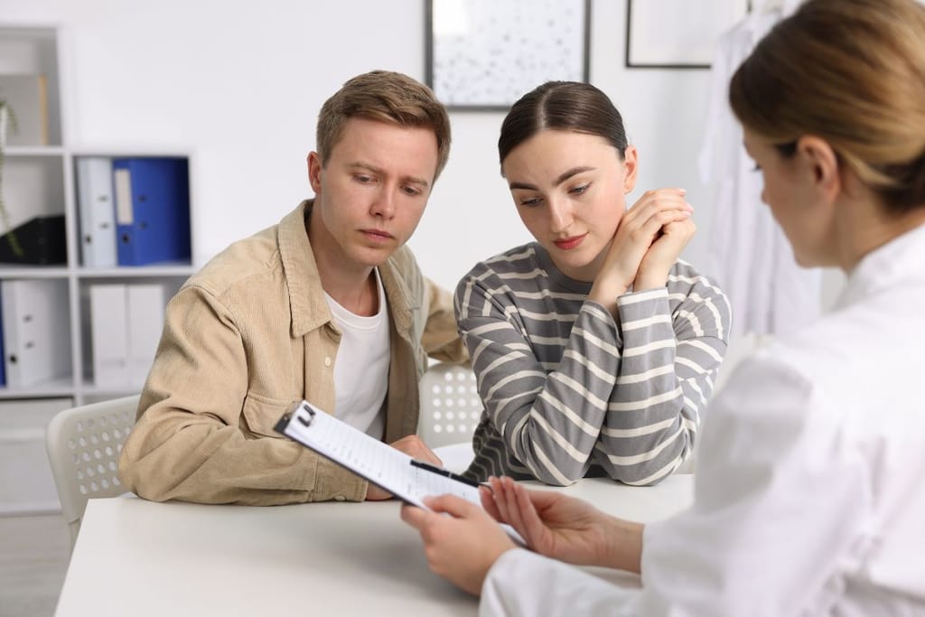 Pari keskustelemassa hedelmöityshoitoihin liittyvistä vaihtoehdoista lääkärin kanssa. 