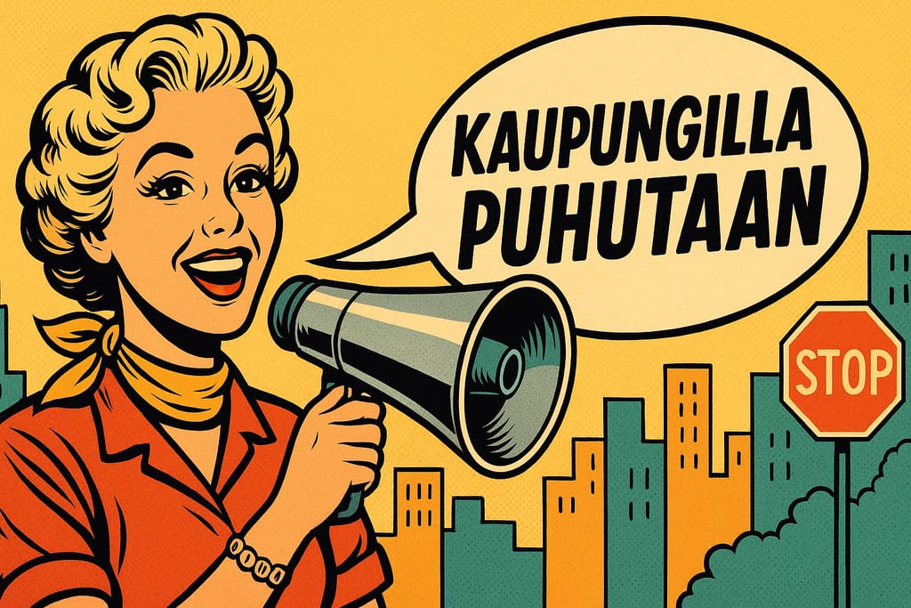 Retrotyylinen kuvitus iloisesta naisesta megafonin kanssa. Taustalla näkyy kaupunki ja puhekuplassa teksti ”Kaupungilla puhutaan”.