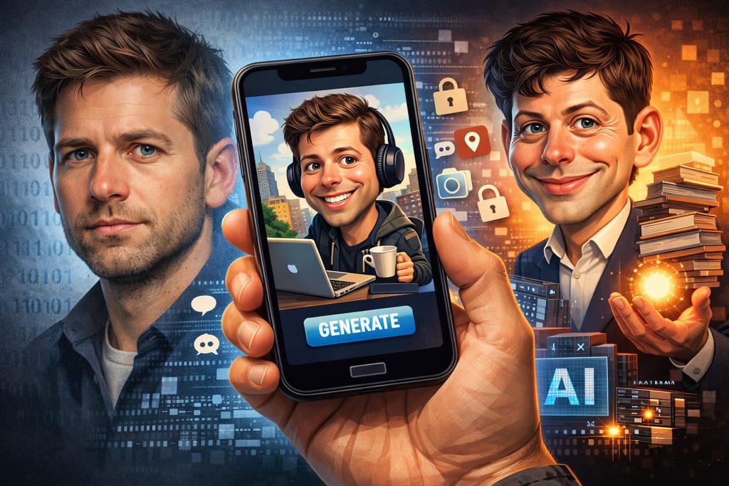 Digitaalinen kuvitus, jossa älypuhelimen näytöllä näkyy AI:n luoma karikatyyri ihmisestä; taustalla kasvoja, datan symboleja ja lukkoikoneita, jotka viittaavat tekoälyyn ja yksityisyyteen.