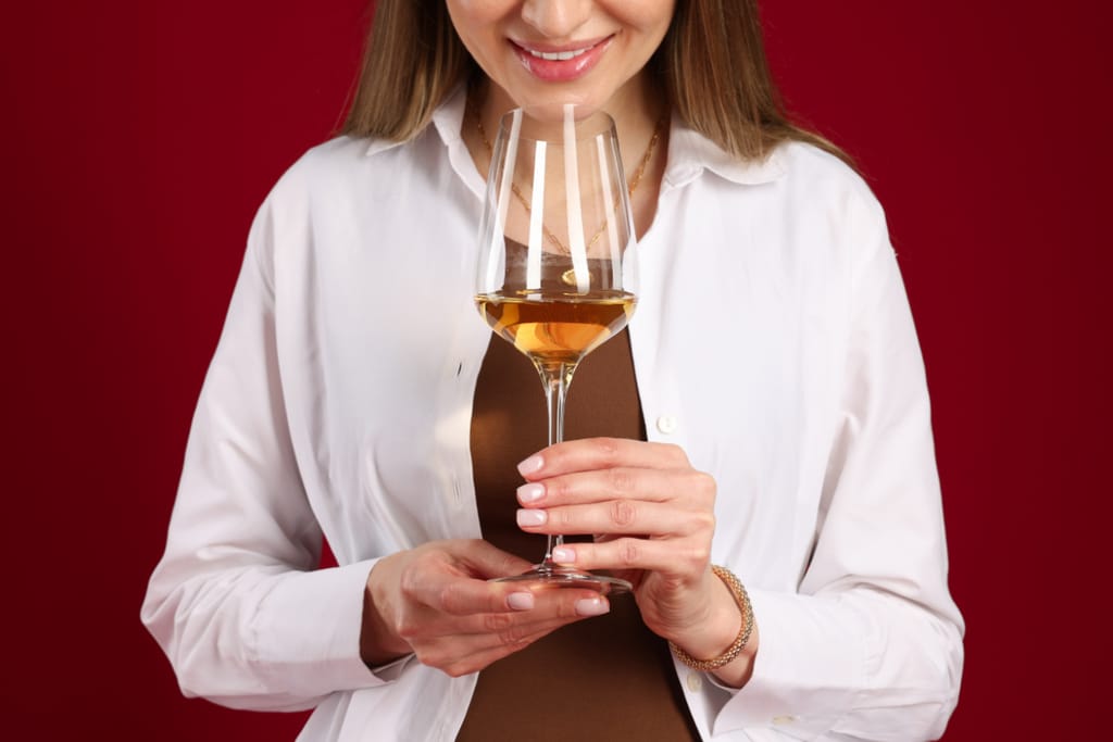 Nainen pitää käsissään valkoviinilasia ja haistelee sen tuoksua.