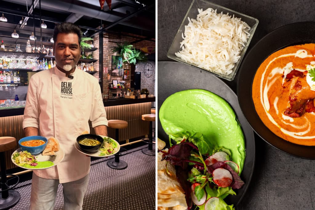 Intialaisen ravintolan kokki seisoo ravintolassa tarjoten annoksia; vieressä lähikuvia intialaisesta curryannoksesta, basmatiriisistä, vihreästä kastikkeesta ja salaatista.