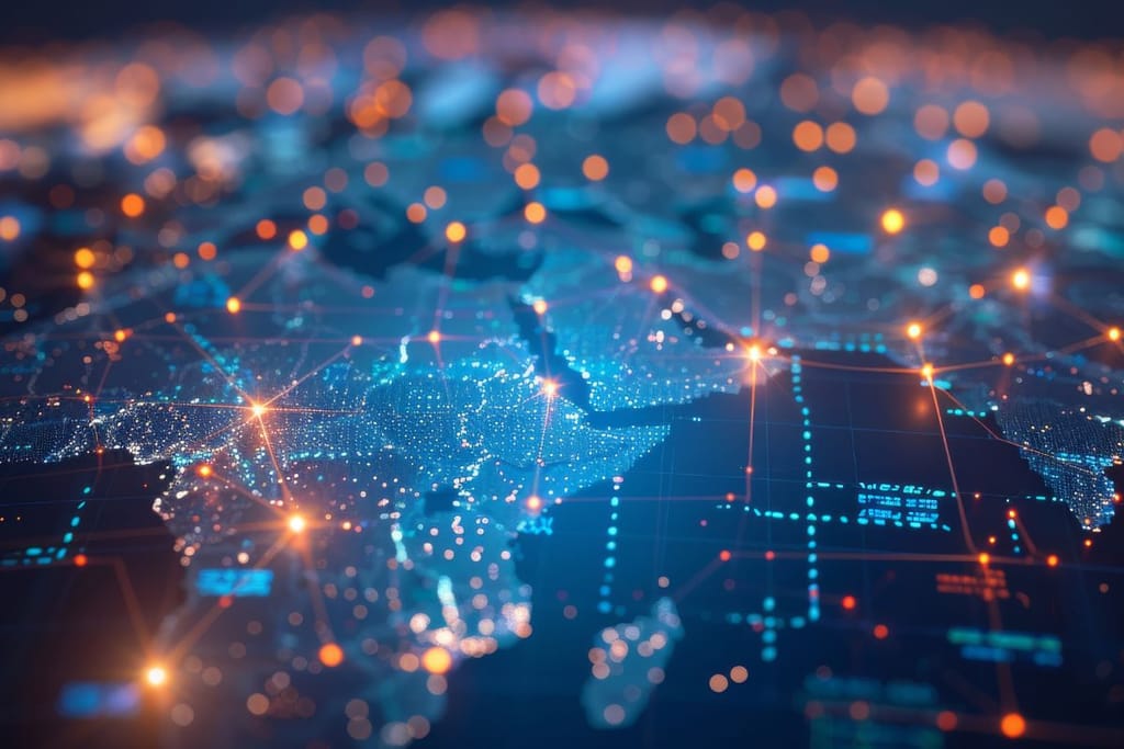 Digitaalinen maailmankartta, jossa hohtavat verkostopisteet ja yhteysviivat.