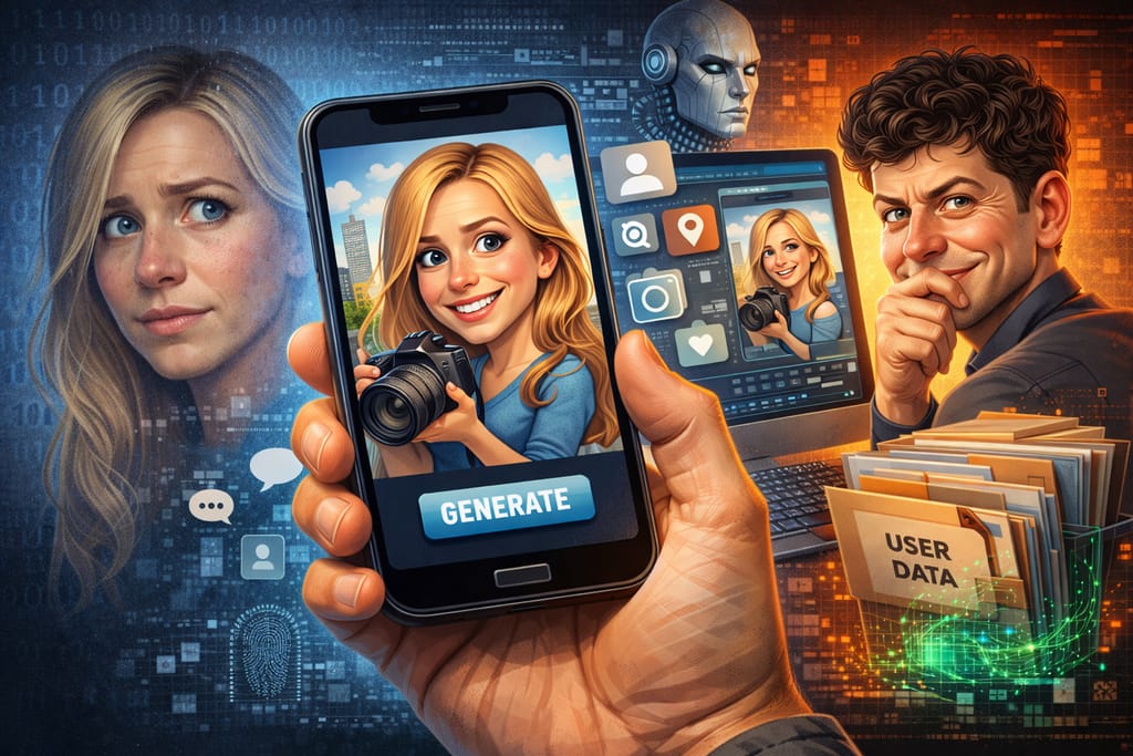 Kuvitus, jossa älypuhelimen näytöllä näkyy AI:n luoma karikatyyri naisesta, vieressä oikea henkilö huolestuneena ja taustalla tekoälyä, käyttäjädataa ja digitaalisia symboleja.