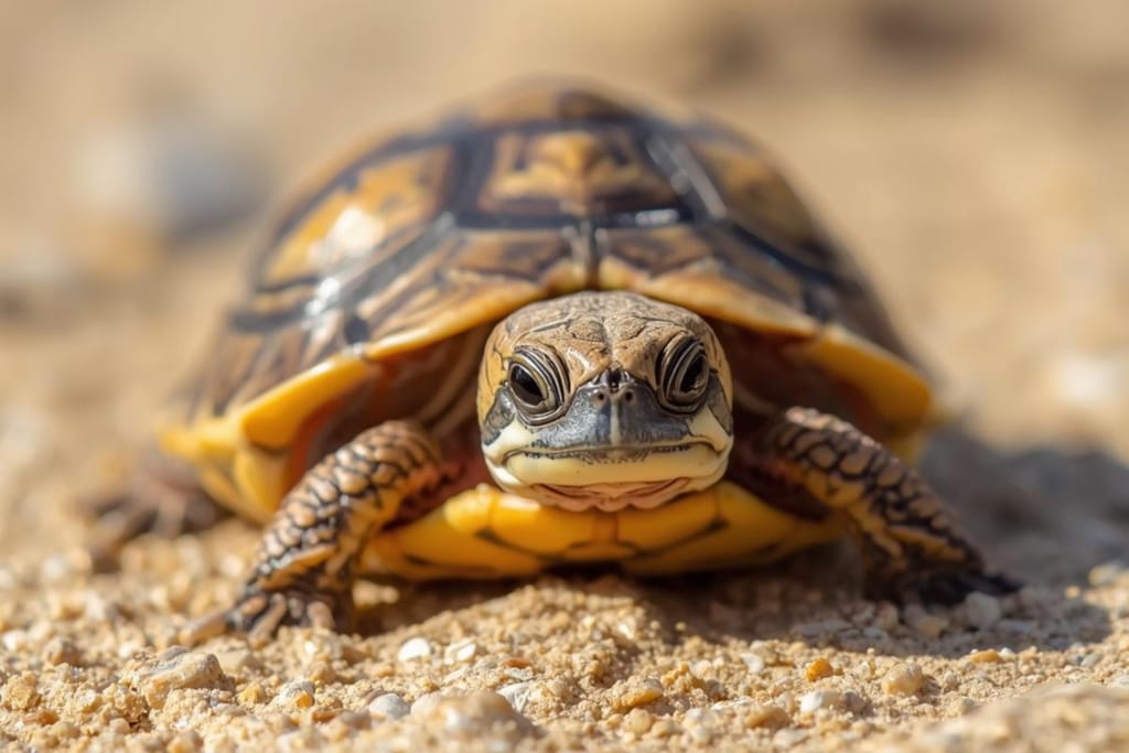 Kilpikonna etenee hiekkapohjalla kameraa kohti, keltaruskea kuori ja suuret silmät tarkasti näkyvissä lähikuvassa.