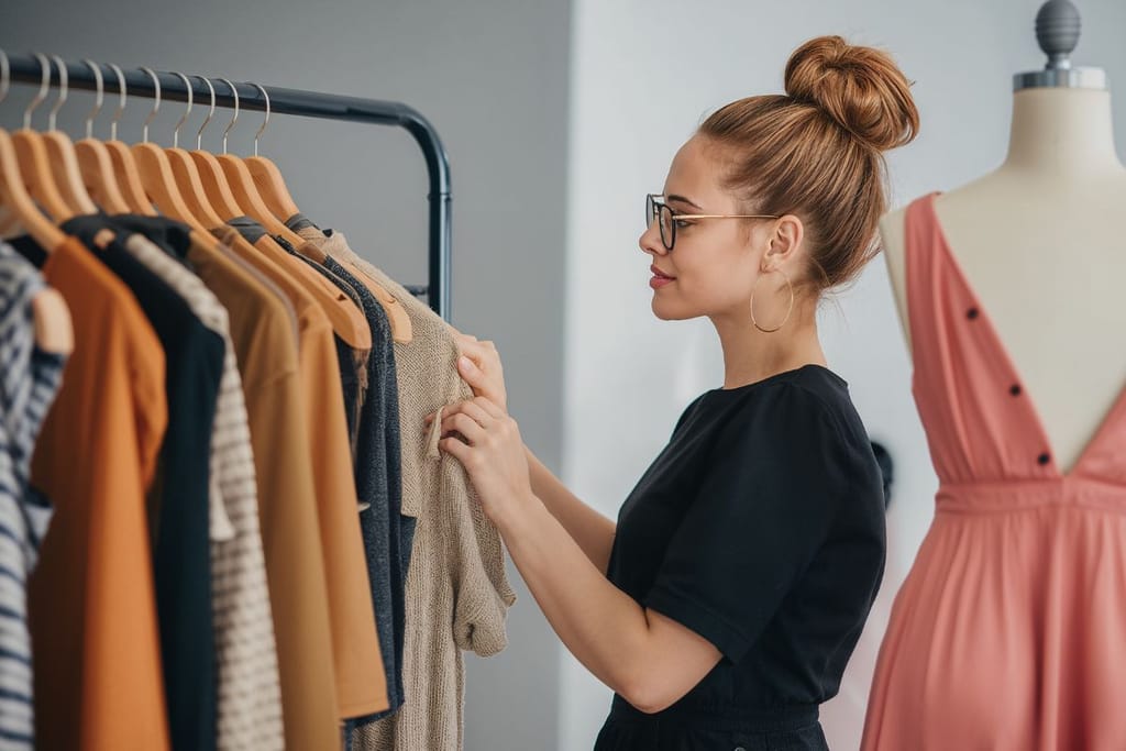 Nainen katselee vaaterekissä roikkuvia vaatteita. Hänen selkänsä takana on mallinukke, jolle on puettu mekko. 