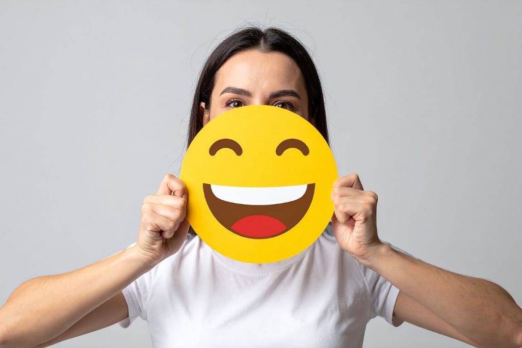 Henkilö pitelee kasvojensa edessä hymyilevää emoji-naamiota vaaleaa taustaa vasten.