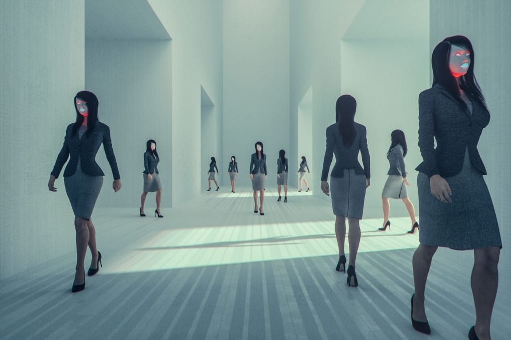 Useita identtisiä ihmishahmoja symboloimassa kloonausta ja kopioiden ketjua