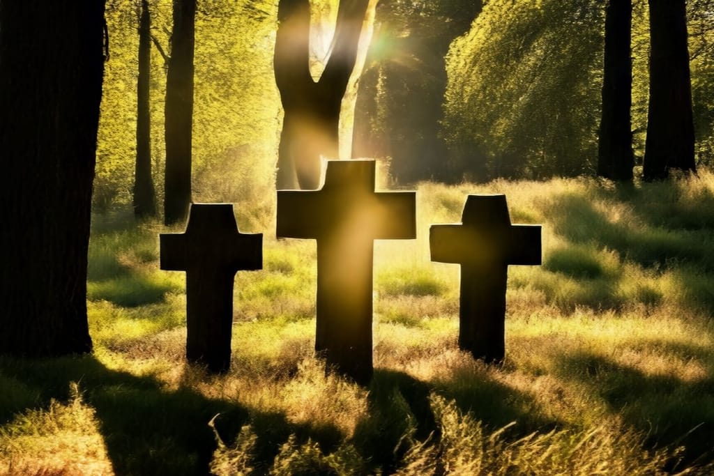 Puiset ristit metsässä auringonvalossa, rauhallinen ja tunnelmallinen hautausmaa luonnon keskellä