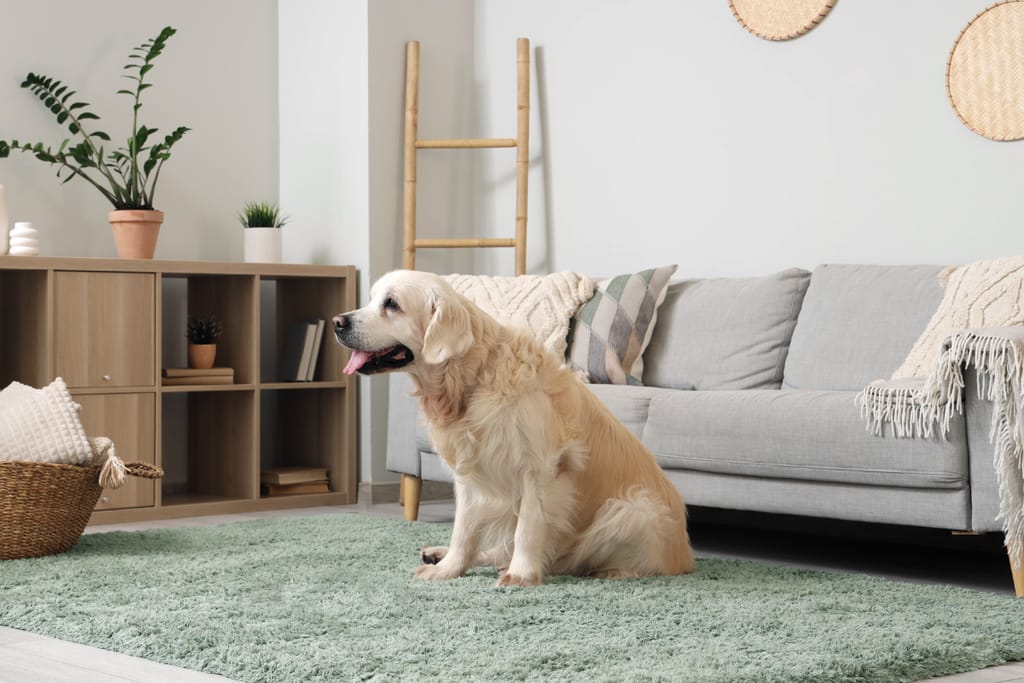 Vaalea kultainennoutaja istuu olohuoneen vihreällä matolla sohvan edessä ja läähättää.