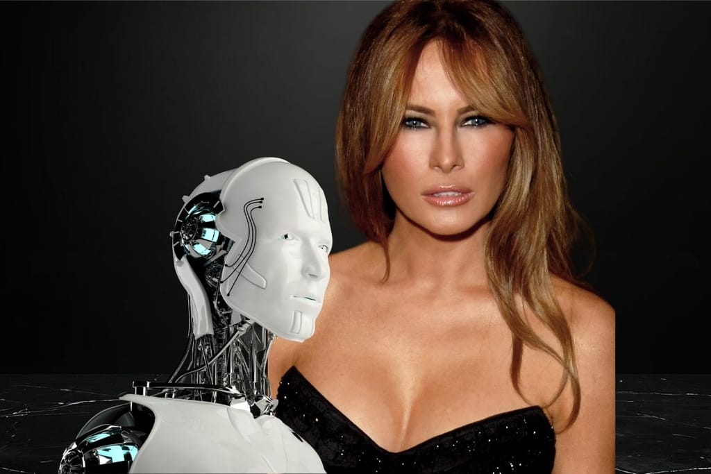 Melania Trump ja humanoidirobotti vierekkäin futuristisessa kuvassa