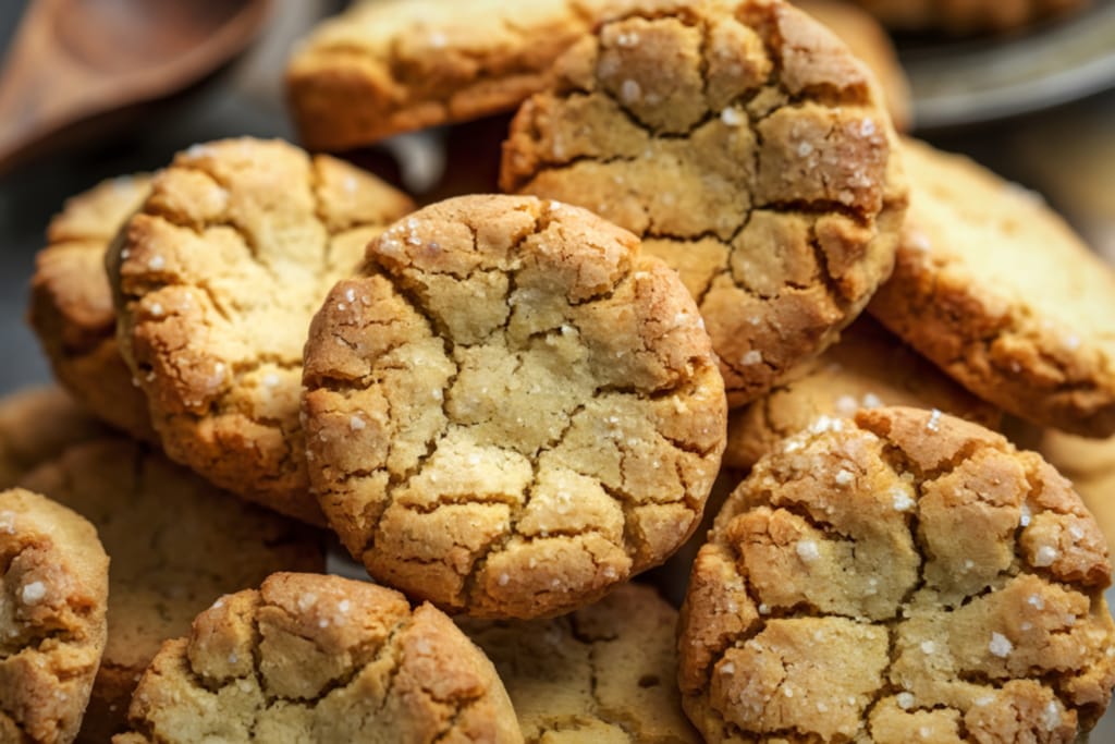 Kasoittain rapeapintaisia, kotitekoisen näköisiä keksejä lähikuvassa.