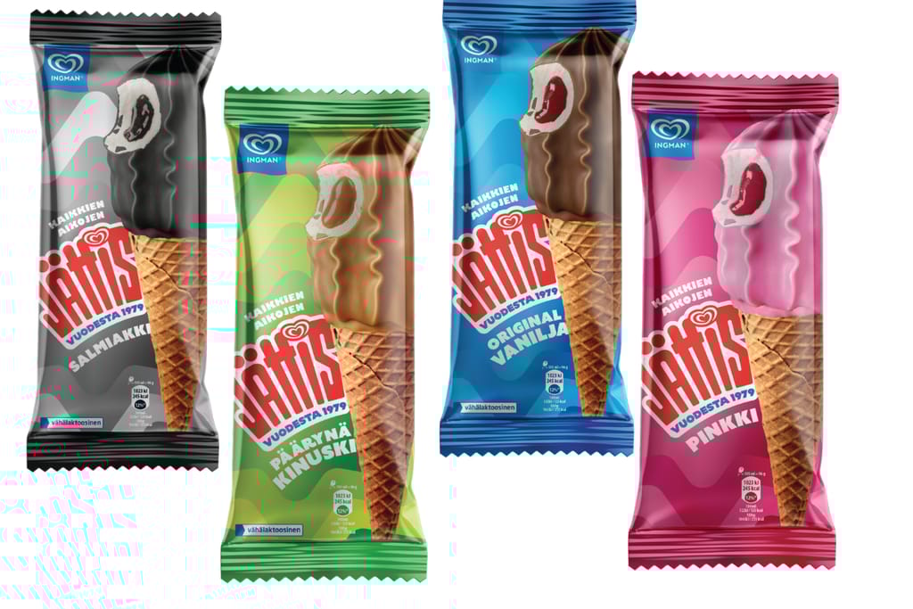 Jättis-jäätelöitä rivissä valkoisella taustalla.