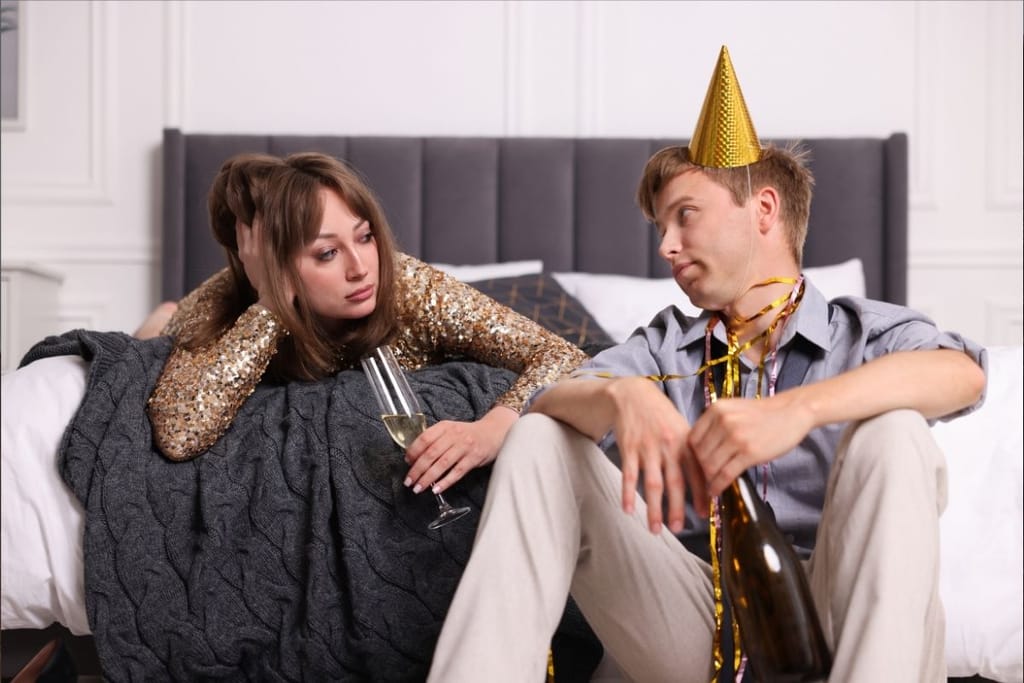 Mies ja nainen sängyllä viinilasit kädessä.