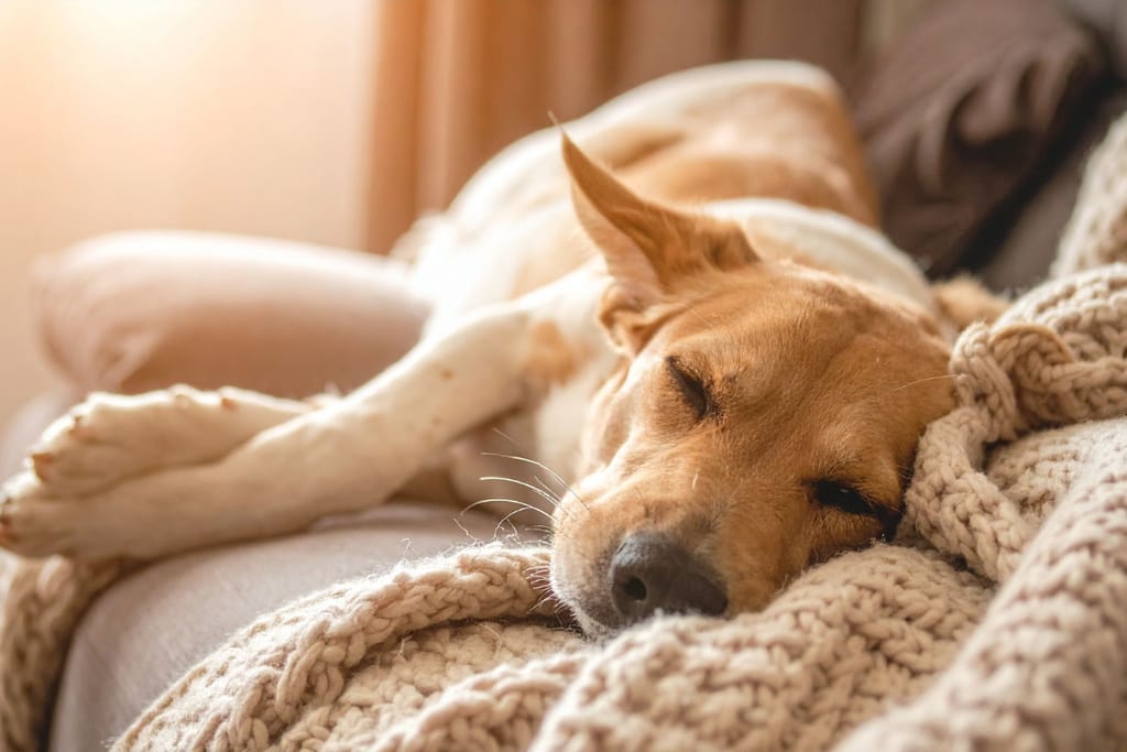 Koira makaa ja lepää peiton päällä sohvalla.