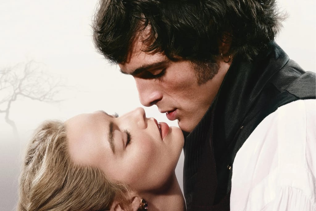 Lähikuva miehestä ja naisesta kasvot lähekkäin intiimissä hetkessä, katseet toisiinsa lukittuina.