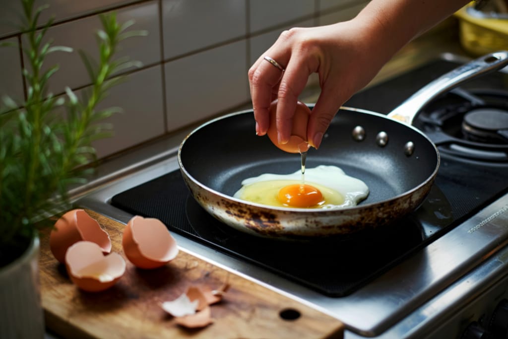 Henkilö rikkoo kananmunaa pannulle. Vieressä kananmunan kuoria.