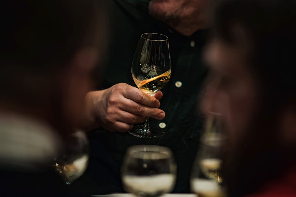 Käsi pitelee viinilasia. Etuala sumennettu.