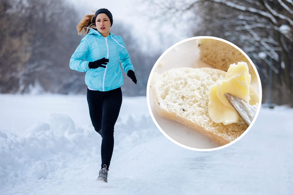 Kuva naisesta juoksemassa lumisessa maisemassa. Päällä kehyksessä kuva leivästä, jonka päälle levitetään voita.