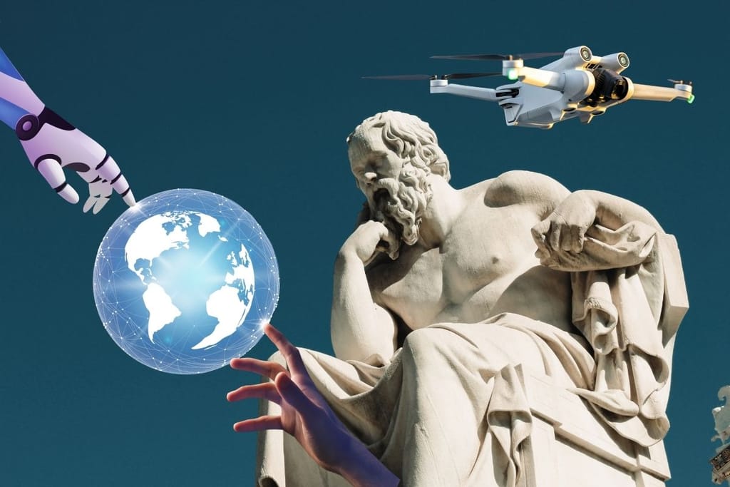 tekoäly ja ihminen yhdessä hallitsemassa maailmaa symboloiva kuva, teknologia ja murros