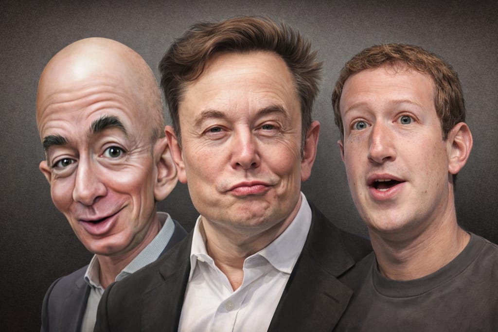 elon musk jeff bezos mark zuckerberg karikatyyri maailman rikkaimmat lista