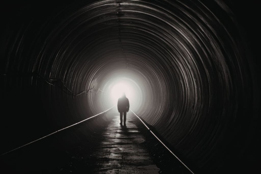 Silhuetti kävelemässä kohti valoa tunnelissa kuvaamassa kuolemanrajakokemusta ja rinnakkaisia todellisuuksia